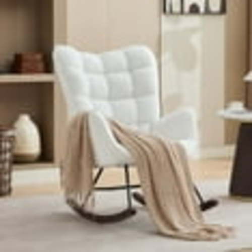 JUSTLET Rocking Chair for Nursery, High Backrest, Comfortable Teddy Padded Seat for Living Room Bedroom Baby Room, White