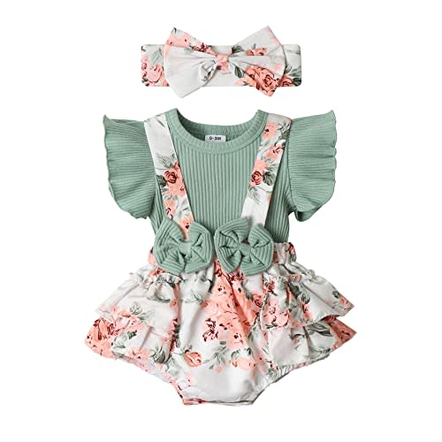 Newborn Baby Girl Clothes Infant Romper Floral Suspender Dress Ruffle Sleeve Onesie Outfit Jumpsuit Headband Spring Summer
