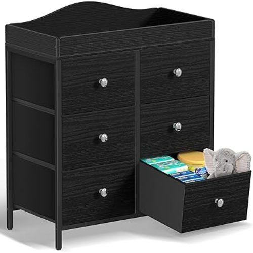 BOLUO Black Changing Table Dresser with 6 Fabric Drawers, Baby Dresser with Changing Table Top Diaper Changing Station with Storage for Nursery Modern