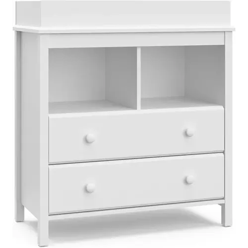 Storkcraft Alpine 2 Drawer Changing Table Chest (White) - Attached Changing Table Topper Fits Any Standard-Size Baby Changing Pad, 2 Drawers, 2 Shelves for Extra Nursery Storage, Easy to Assemble