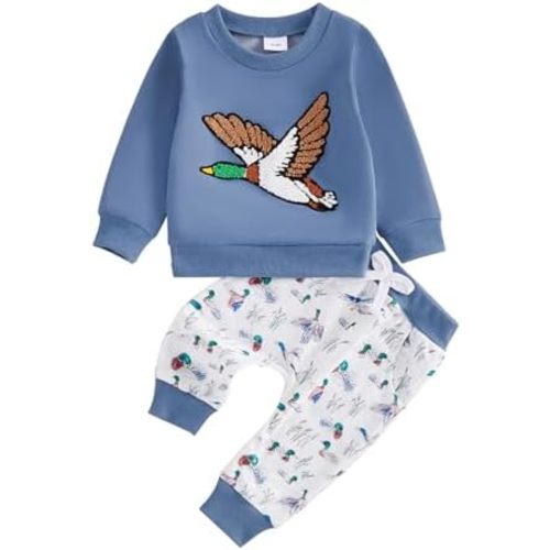 Kids Baby Boys Duck Hunter Clothes Mallard Duck Sweatshirt Pullover Solid Color Pant 2Pcs Toddler Hunting Baby Outfit