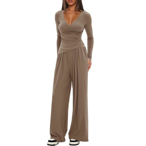 Darong Women's 2 Piece Lounge Outfits Sets Warp V Neck Short/Long Sleeve Shirts and Wide Leg Pants Casual Matching Sets