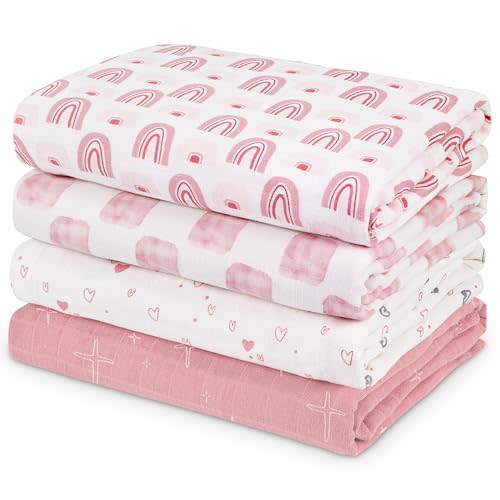 CIVARUA KIDS Muslin Swaddle Blankets for Newborn, 4 Pack Cotton Baby Blanket, Large 31.5 x 43.3 Breathable Soft Receiving Blankets Girl, Essentials Swaddle Wrap Burping Clothes, Pink Rainbow
