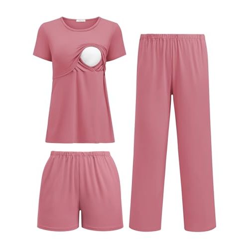Ekouaer 3 Piece Postpartum Nursing Pajamas Set Short Sleeve Breastfeeding Shirts Pregnancy Shorts & Pants Maternity Pjs
