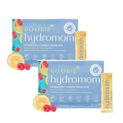 Boobie Hydromom Superfood Electrolyte Drink Mix, Strawberry Kiwi + Blue Raspberry Lemonade | Refreshing Energy, Hydration Boost | On-The-Go Travel Essential for Pregnancy, Lactation, & Beyond - 2 Pack