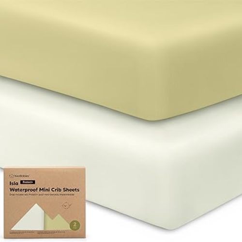 2-Pack Waterproof Pack and Play Sheets, Mini Crib Sheets Fitted for Boy, Girl - 38 x 26 Viscose from Bamboo Pack N Play Mattress Sheets for Graco, Toddler Playard Baby Crib Sheets Neutral (Oregano)