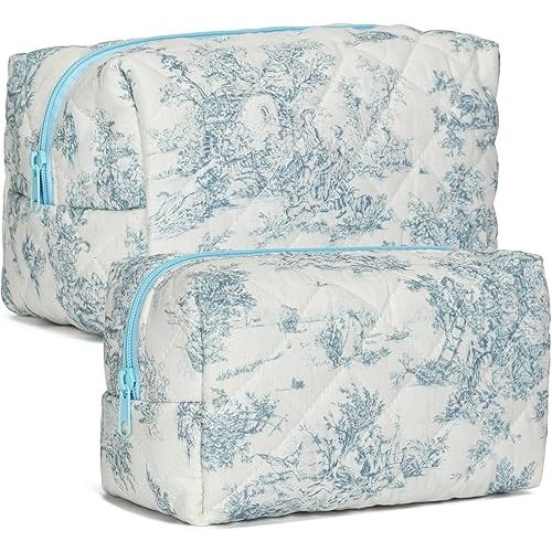 2 PCS Quilted Makeup Bag,Cute Cotton Cosmetic Bag,Large Travel Toiletry Bag Makeup Brushes Storage Organizer for Women-Classical Blue