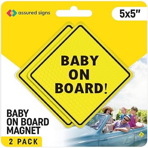 ASSURED SIGNS Baby On Board MAGNET for Car - 2 Pack, 5" by 5" - Essential Magnetic Sticker Sign for Bumper - Bright Yellow and Reflective - Best Safety Sign Accessories for Cars