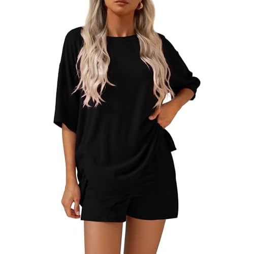 KIRUNDO 2 Piece Sets for Women Summer Lounge Sets Casual Oversized Tshirts Shorts Matching Airport Travel Outfit Postpartum