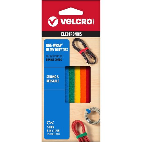 VELCRO Brand ONE-WRAP Ties | Cable Management, Wires & Cords | Self Gripping Cable Ties, Reusable | 5 Ct - 8" x 1/2" | Multi-color