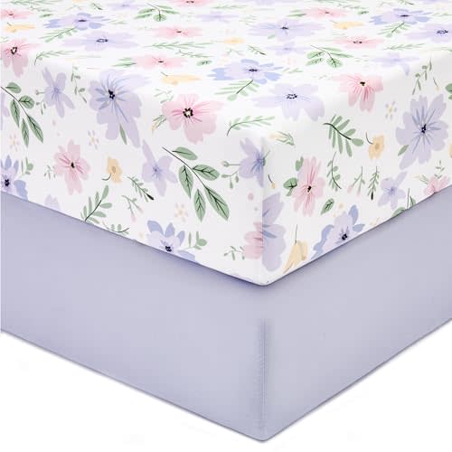 TILLYOU Fitted Crib Sheet Set - Super Soft Toddler Bed Sheets for Standard Crib and Toddler Mattresses, Premium Cozy Nursery Bedding Sheet 28"x52", Brilliant Little Flowers and Purple