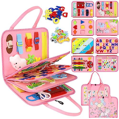 Esjay Busy Board for Toddlers, Montessori Toys Travel Toys Gifts for Girls, Sensory Board, Educational Learning Activities Fine Motor Skills Toys for Airplane Car