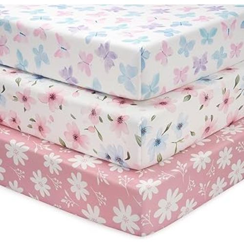 Baby Mini Crib Sheets Girl, Portable 38”x26” Pack and Play Sheets Fitted for Playard and Pack N Play Mattress, 3-Pack Soft Microfiber Pink Butterfly Flower
