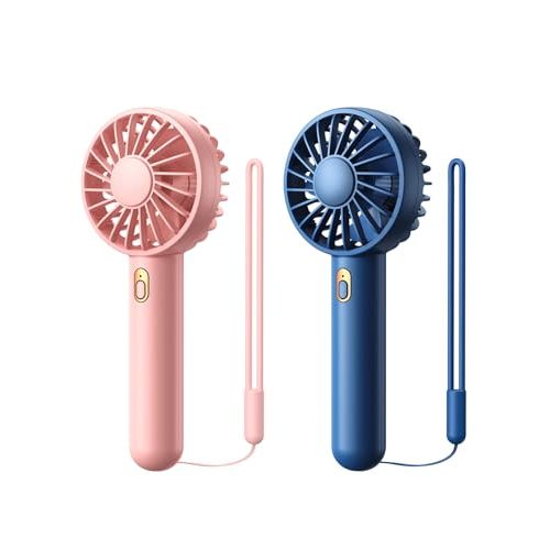 Warmco Portable Fan 2-Pack - Mini Handheld & Desk Fan with Base, 3-Speed Powerful Rechargeable Small Fan for Travel, Lightweight USB Personal Cooling Fan for Women, Indoor & Outdoor Use Blue & Pink