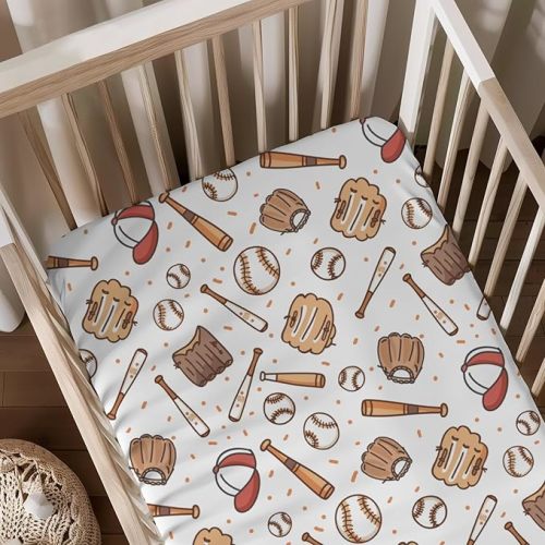 Baseball Sports Theme Pattern Baby Sheets for Crib, Unisex Baseball Gloves Hats Nursery Fitted Bed Sheet for Boys Girls Standard Crib and Toddler Mattress-28x52