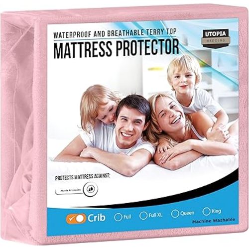 Utopia Bedding Waterproof Mattress Protector, Premium Terry Mattress Cover 200 GSM, Breathable, Fitted Style with Stretchable Pockets (Pink, Crib)
