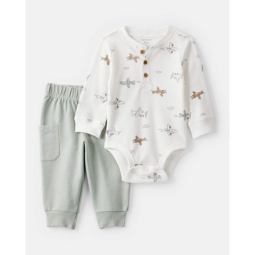 Baby Boy 2-Piece Airplane Thermal Bodysuit & Jogger Set - Green/White - Carter's | Carter's