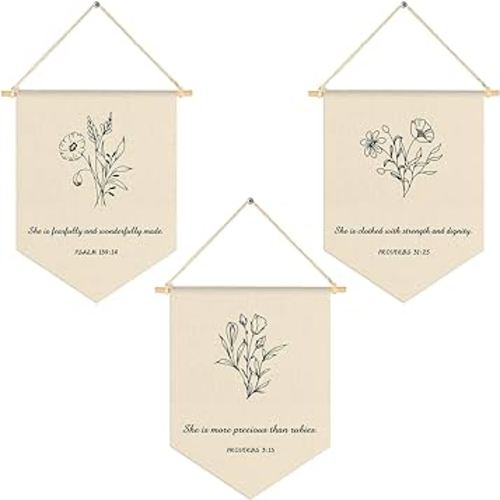 3 Pcs Nursery Scripture Bible Verse Christian Botanical Decor Canvas Hanging Pennant Flag Banner Floral Wall Signs for Bedroom Playroom Front Door Kids Baby Boy Girl Birthday Christmas Gift