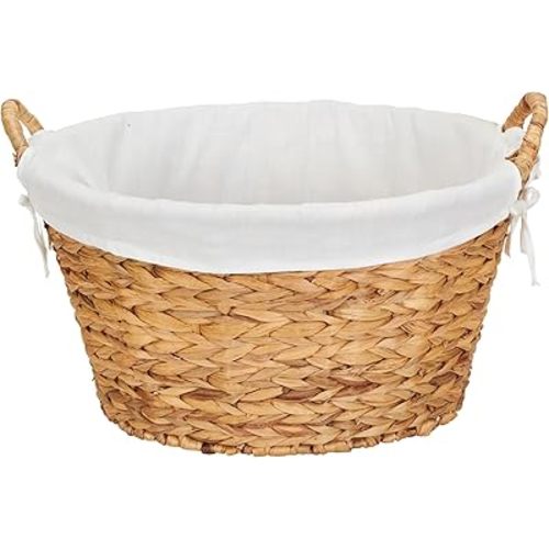Household Essentials Round Wicker Laundry Basket with Handles, Whimsical Water Hyacinth Basket, Supportive Metal Frame, Removable Polyester Liner, Handwoven, Well-Structured and Versatile, Natural