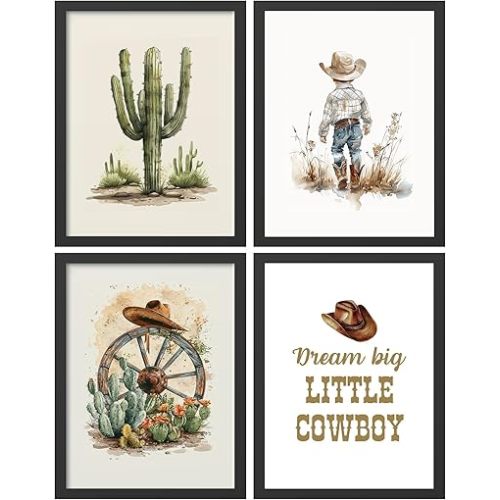 Hxlac Western Cowboy Wall Art Prints Set of 4 Unframed - Western Cactus Desert Hats Wall Decor, Western Wall Decor for Toddler Kid Boy Room, Dream Big Little Cowboy Wall Decor(12x16Inches)