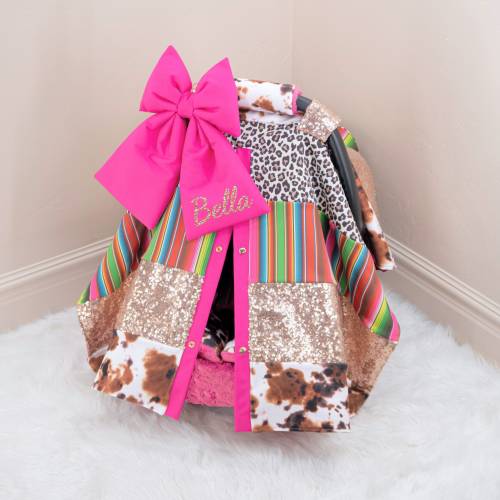 Cheetah Serape Brown Cow Baby Girl Car Seat Cover Canopy - Rose Gold Sequin - Personalized Hot Pink Bow Embroidery - Gift for Newborn Infant
