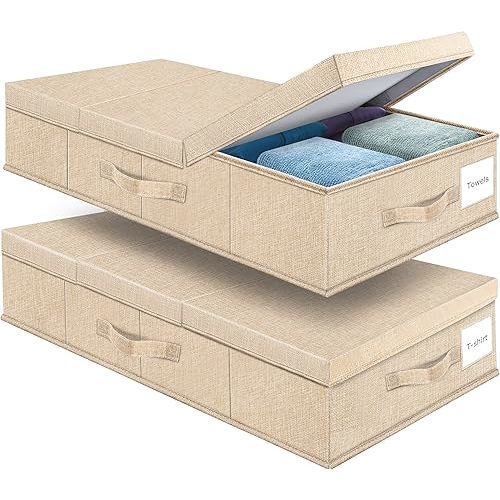 Underbed Storage Containers Bin with Lids (Set of 2) Large Under Bed Storage Organizer Box with Handle, Foldable Under the Storage Bags for Organizing Clothes, Shoes, Blankets, Pillows-Khaki