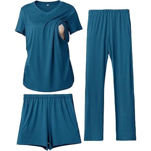 Rnxrbb 3 Piece Women's Maternity Nursing Pajamas Set V Neck Breastfeeding Pjs Sleepwear Postpartum Shorts&Pants Pockets