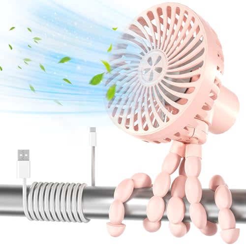 Stroller Fan Handheld Fan 3000mAh Clip on Fan with 3 Speed Work 4-12 Hours,Personal Portable Fan with Flexible Tripod Clip on Student Bed Desk Bike Crib Treadmill Camping Traveling-Car Seat Fan Pink