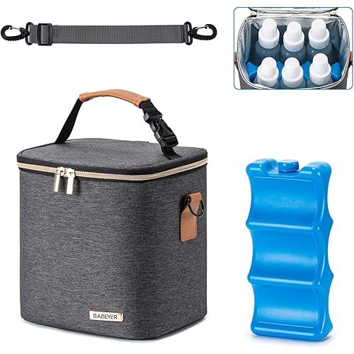 Breastmilk Cooler Bag with Ice Pack Fits 6 Baby Bottles Up to 9 Ounce, Baby Bottle Bag with Shoulder Strap for Nursing Mom Daycare,Dark Grey