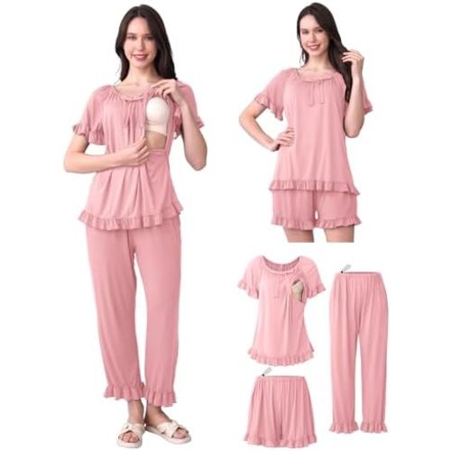 SUNNYBUY 3Pcs Ruffle Trim Postpartum Nursing Pajamas Set with Bowknot, Maternity Breastfeeding PJS Pregnancy Sleepwear