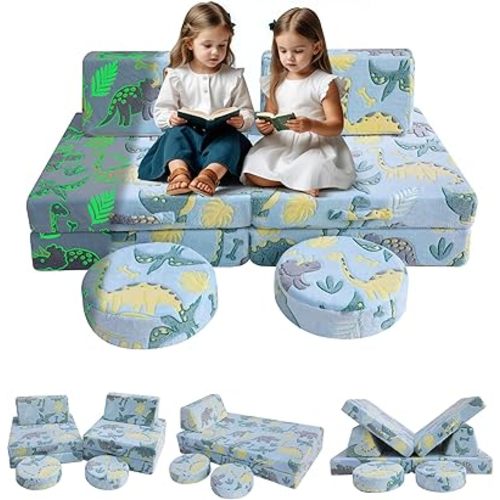MeMoreCool Kids Couch Glow Sofa Modular Toddler Couch for Playroom, 8-Piece Fold Out Baby Couch Play Set, Children Convertible Sofa Foam Couch