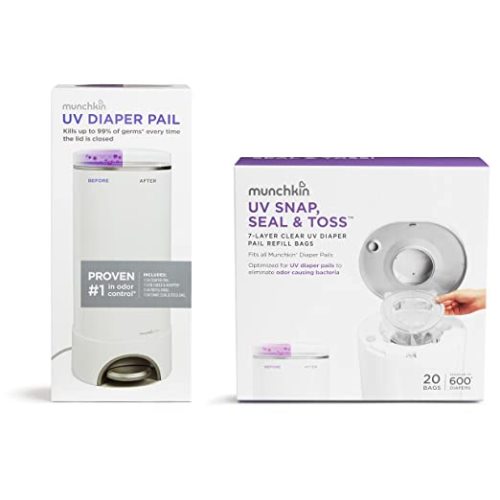 Munchkin® UV Diaper Pail, Kills Odor-Causing Bacteria with Each Use with 20 Additional UV Snap, Seal & Toss Refills - UV Diaper Pail + 20 Refills