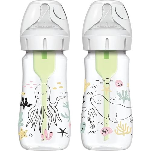 Dr. Brown’s Natural Flow® Anti-Colic Options+™ Wide-Neck Baby Bottle Designer Edition Bottles, Ocean Decos, 9 oz/270 mL, Level 1 Nipple, 2-Pack, 0m+
