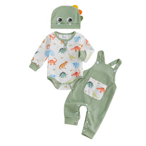 Suealasg Baby Boy Outfits Long Sleeve Dinosaur Print Romper + Overalls Long Pants + Hat Set Infant Boy Spring Fall Clothes
