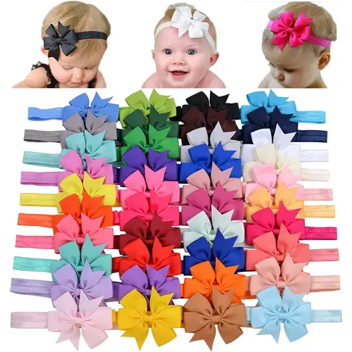 jollybows 40pcs Baby Girls Grosgrain Ribbon Hair Bows Headbands 3" Hair Band Hair Accessories for Infants Newborn Toddler