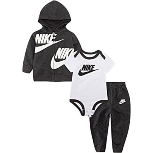Nike Baby Boys Full Zip Hoodie, Short Sleeve Bodysuit & Pants 3 Piece Set (Black Heather(5UF468-K08)/White, 6 Months)