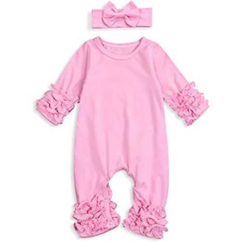 GRNSHTS Newborn Baby Girls Ruffle Romper Solid Long Sleeve Jumpsuit One-Piece Coming Home Clothes With Headband