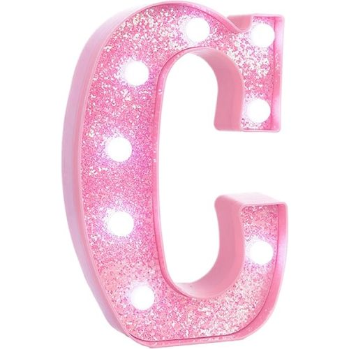 Pink Marquee Light Up Letters, Glitter Alphabet LED Letter Lights for Pink Birthday Party Decorations, Battery Operated Letter Sign for Girls Room Vanity Table Decor, Cool White Lights Letter C