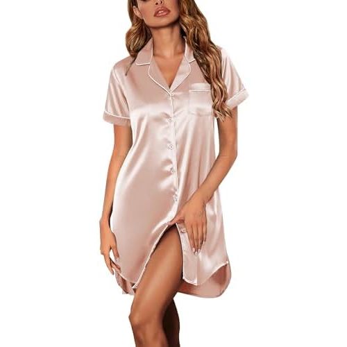 Ekouaer Women's Satin Nightshirt Button Down Sleepshirt Silk Short Sleeve Nightgown Boyfriend Notch Collar Sleepwear