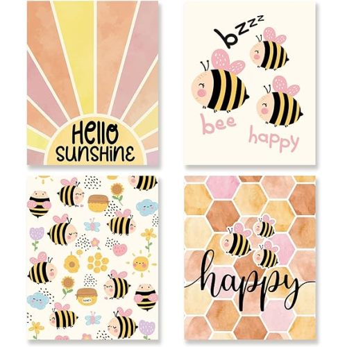 KSDUT Bee Wall Art Decor Set of 4 - Bumble Bee Artwork Poster Prints Wall Decor Summer Sunshine Honey Bee Wall Art for Nursery Kids Room Bedroom Living Room Home Decorations - 8"x10" Unframed