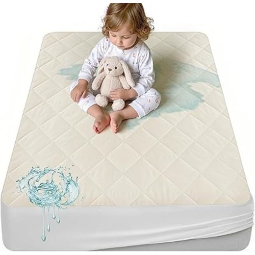 Lofe Organic Cotton Crib Mattress Protector - Top&Side Waterproof, 100% Waterproof Crib Mattress Protector, Breathable Baby Crib Mattress Cover, Toddler Crib Mattress Fitted 52x28x9 in