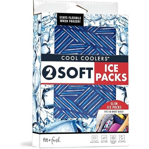 Cool Coolers by Fit & Fresh 2 Pack Soft Ice, Flexible Stretch Nylon Reusable Ice Packs for Lunch Boxes & Coolers, Navy Sketch Weave & Blue