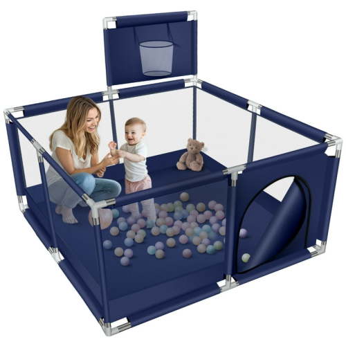 Baby Playpen, HDJ 50 inch Baby Playard with Basketball Hoop, Baby Fence Infant Play Yard for Boy and Girls Gift, Blue