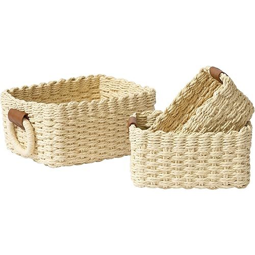 LA JOLIE MUSE Small Beige Wicker Baskets for Organizing, Recycled Paper Rope Storage Basket Container Bins for Shelves Bathroom Cupboards Drawer, Decorative Square Basket Organizer Set of 3
