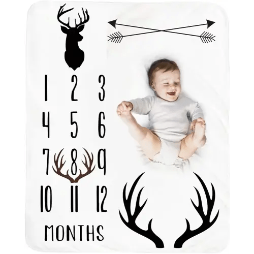 Baby Monthly Milestone Blanket Boy - Deer Newborn Month Blanket Neutral Personalized Shower Gift Woodland Nursery Decor Photography Background Prop with Frame Large 51''x40''