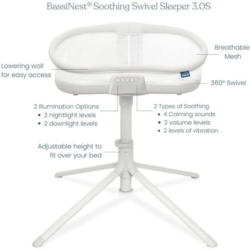 HALO BassiNest Soothing Swivel Sleeper 3.0S – Over-Bed Baby Bassinet with 360 Rotation, Adjustable Height, Breathable Mesh, Calm Sounds & Vibrations, Safe Close Sleeping, Lowering Wall for Easy Access