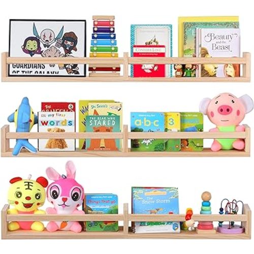 Nursery Book Shelves for Wall Set of 3，Natural Wood Wall Bookshelves for Kids Room - Book Shelf for Wall(32 inches Set of 3)