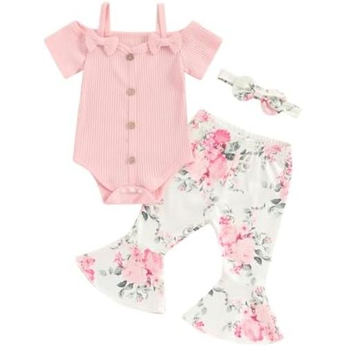 fhutpw Newborn Baby Girl Clothes Infant Rib Frill Long Sleeve Romper Flared Pants Headband Set 3pcs Fall Winter Outfits