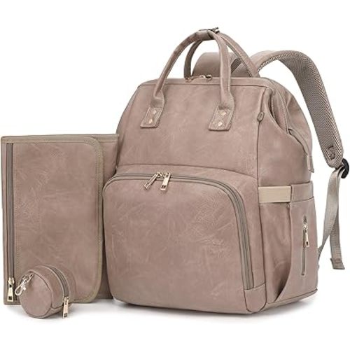 Lightweight Vegan Leather Diaper Bag Backpack with Waterproof Changing Pad – Reinforced Stitching & Zippers, Baby Bag for Boy Girl, Stroller Straps, Ergonomic Design for Traveling Moms, Taupe