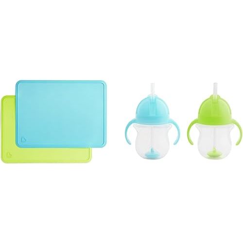 Munchkin® Spotless™ Silicone Placemats for Kids, 2 Pack, Blue/Green & ® Any Angle™ Weighted Straw Trainer Cup with Click Lock™ Lid, 7 Ounce, 2 Count (Pack of 1), Blue/Green